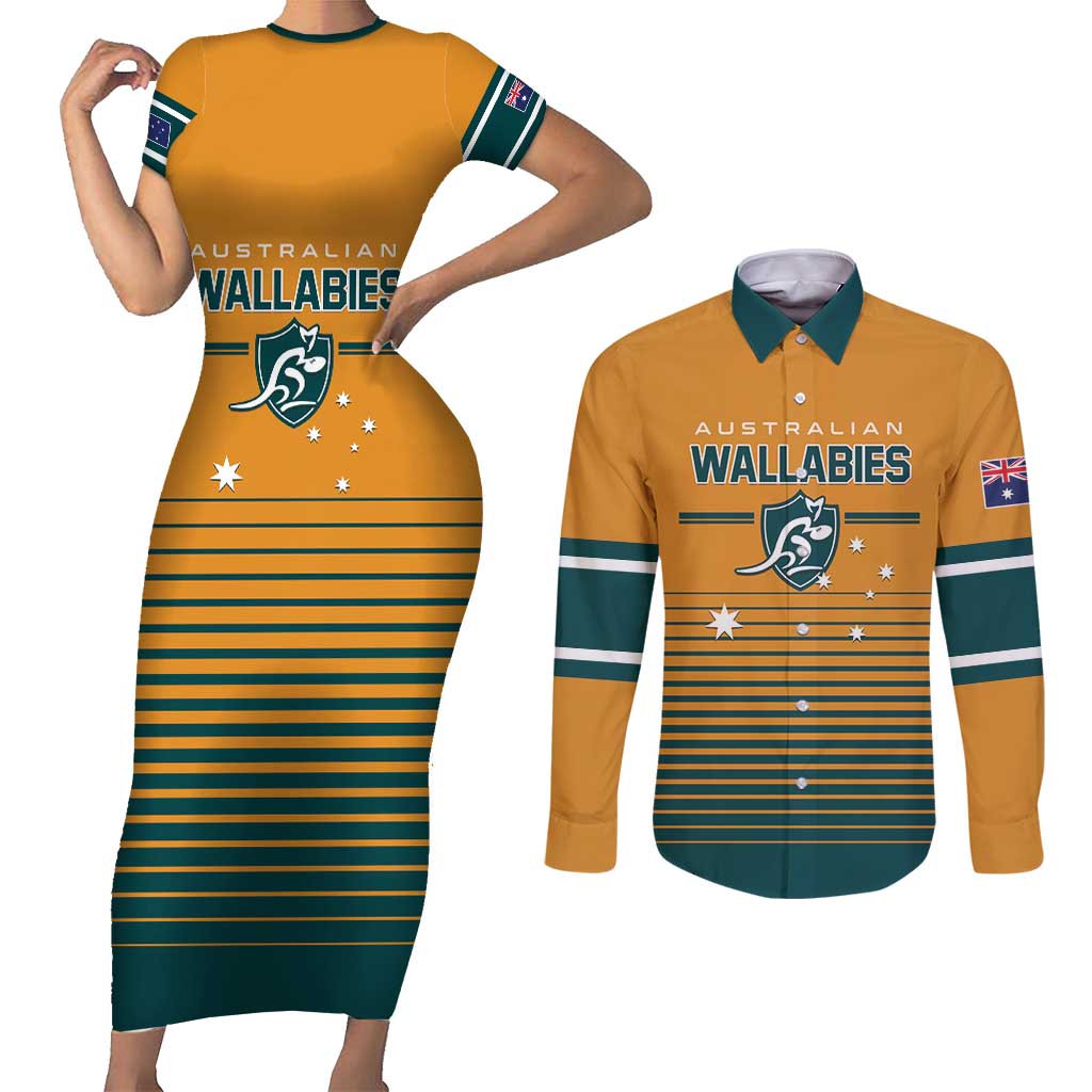 Custom Rugby Australia Couples Matching Short Sleeve Bodycon Dress and Long Sleeve Button Shirt Junior Wallabies Go Champions