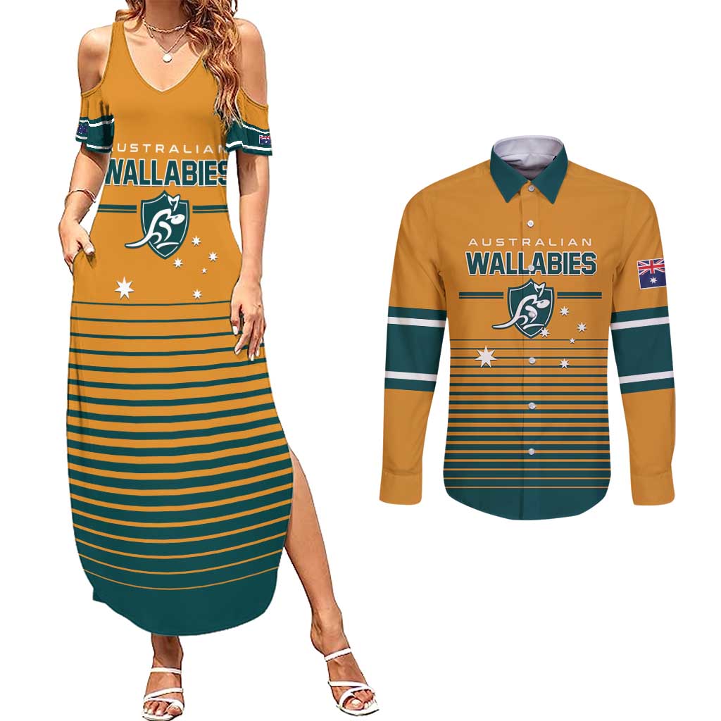 Custom Rugby Australia Couples Matching Summer Maxi Dress and Long Sleeve Button Shirt Junior Wallabies Go Champions LT01 Yellow - Polynesian Pride