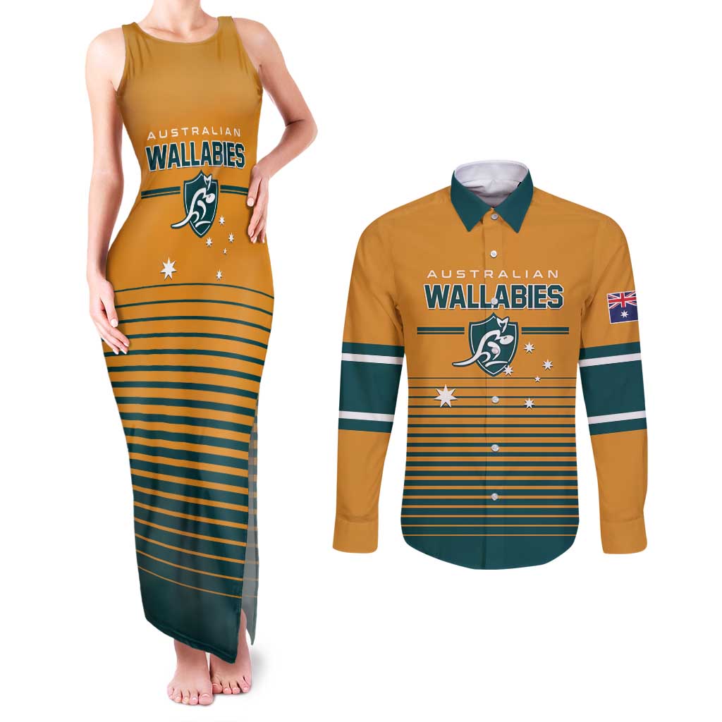 Custom Rugby Australia Couples Matching Tank Maxi Dress and Long Sleeve Button Shirt Junior Wallabies Go Champions LT01 Yellow - Polynesian Pride