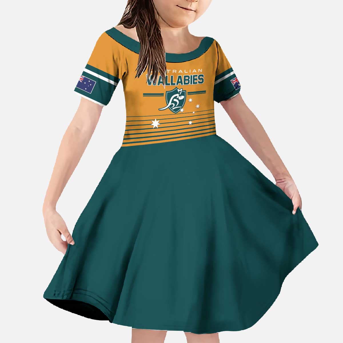 Custom Rugby Australia Family Matching Off The Shoulder Long Sleeve Dress and Hawaiian Shirt Junior Wallabies Go Champions