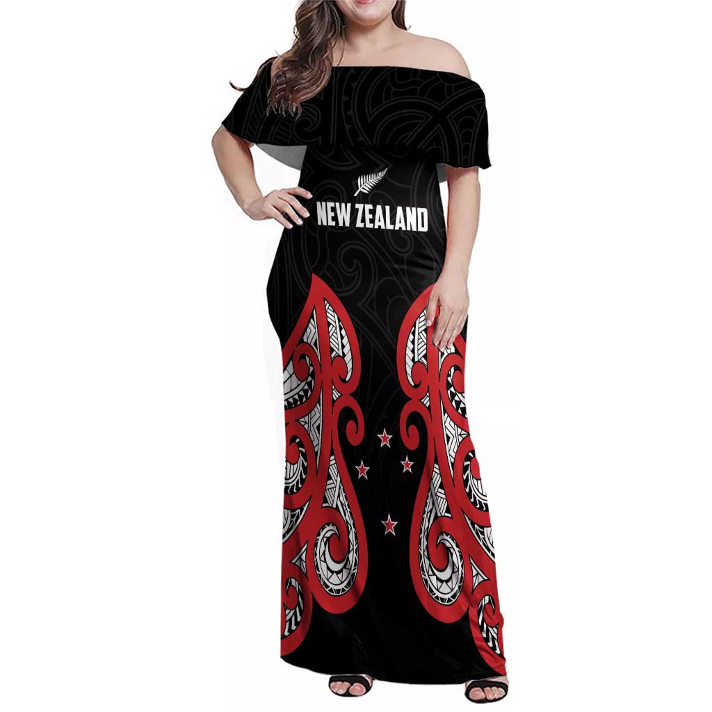 Custom Rugby New Zealand Family Matching Off Shoulder Maxi Dress and Hawaiian Shirt Baby Black Go Champions