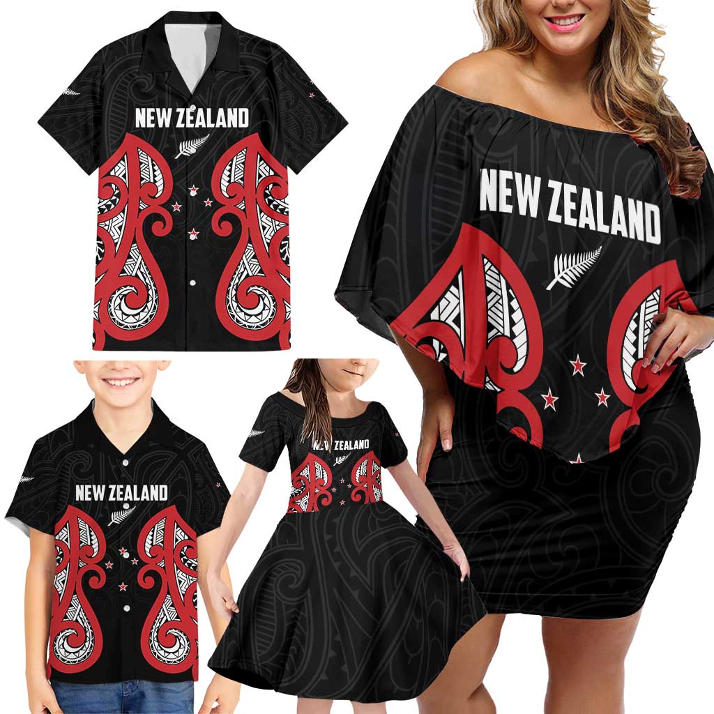 Custom Rugby New Zealand Family Matching Off Shoulder Short Dress and Hawaiian Shirt Baby Black Go Champions