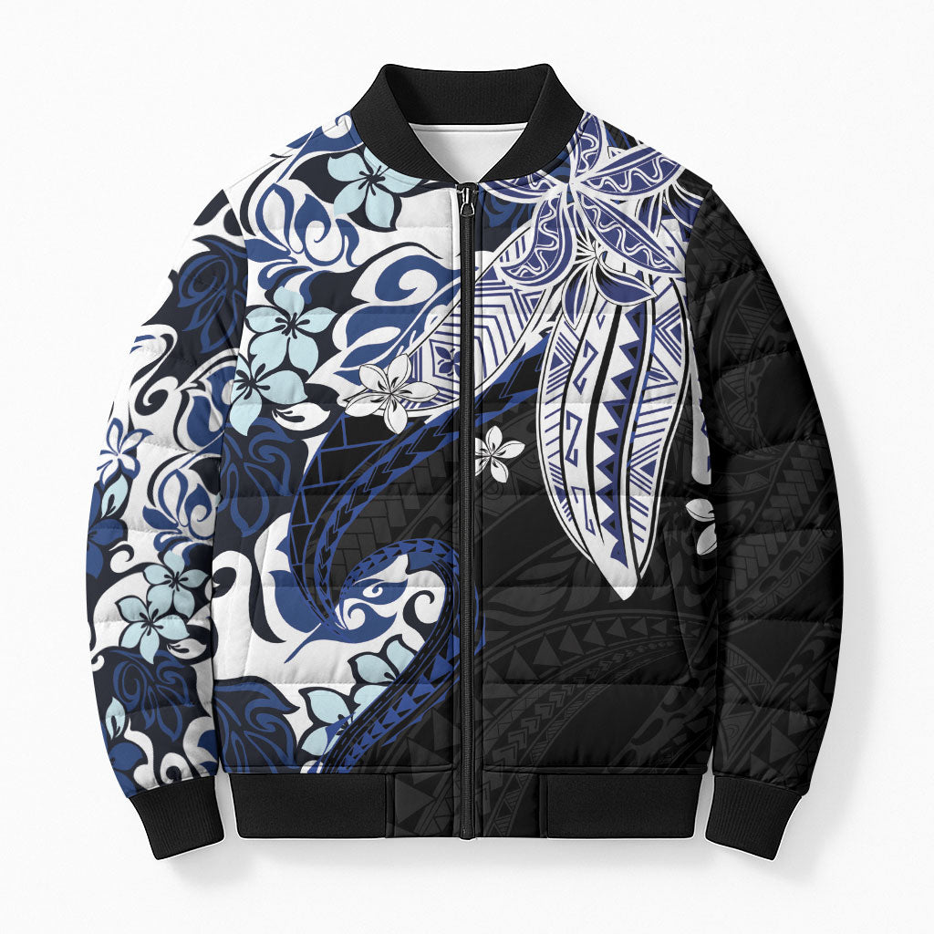 Monstera Plumeria Flowers Blue Bomber Puffer Jacket Polynesian Pattern LT01 Unisex Blue - Polynesian Pride
