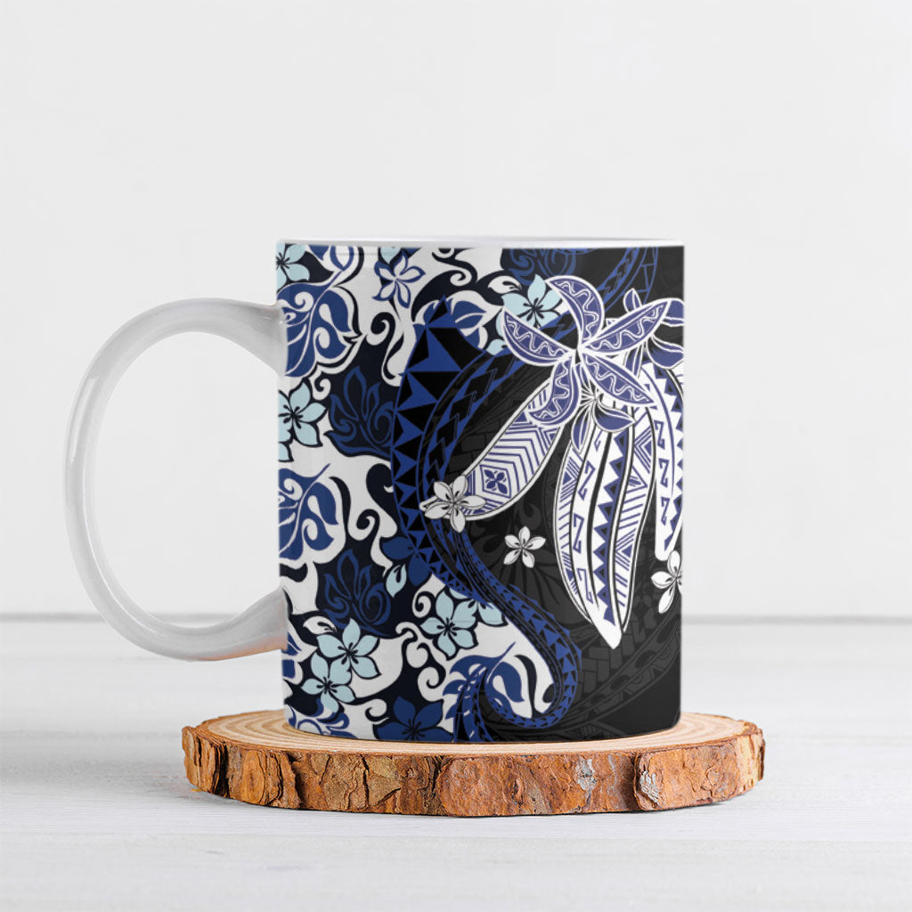 Monstera Plumeria Flowers Blue Ceramic Mug Polynesian Pattern