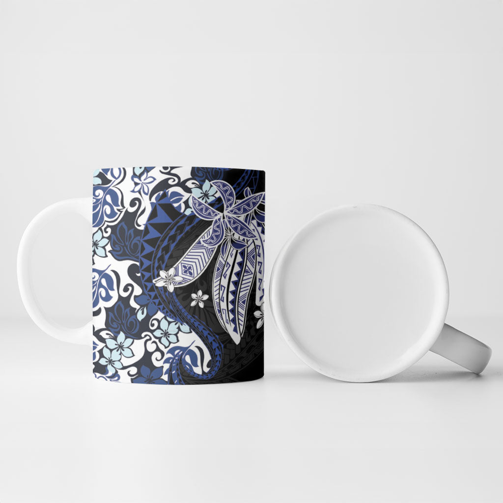 Monstera Plumeria Flowers Blue Ceramic Mug Polynesian Pattern