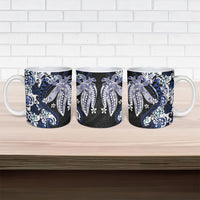 Monstera Plumeria Flowers Blue Ceramic Mug Polynesian Pattern