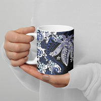 Monstera Plumeria Flowers Blue Ceramic Mug Polynesian Pattern