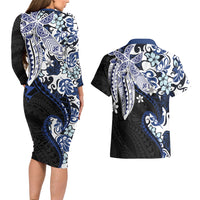 Monstera Plumeria Flowers Blue Couples Matching Long Sleeve Bodycon Dress and Hawaiian Shirt Polynesian Pattern