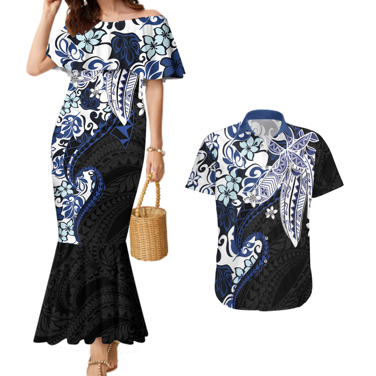Monstera Plumeria Flowers Blue Couples Matching Mermaid Dress and Hawaiian Shirt Polynesian Pattern LT01 Blue - Polynesian Pride