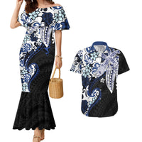 Monstera Plumeria Flowers Blue Couples Matching Mermaid Dress and Hawaiian Shirt Polynesian Pattern LT01 Blue - Polynesian Pride
