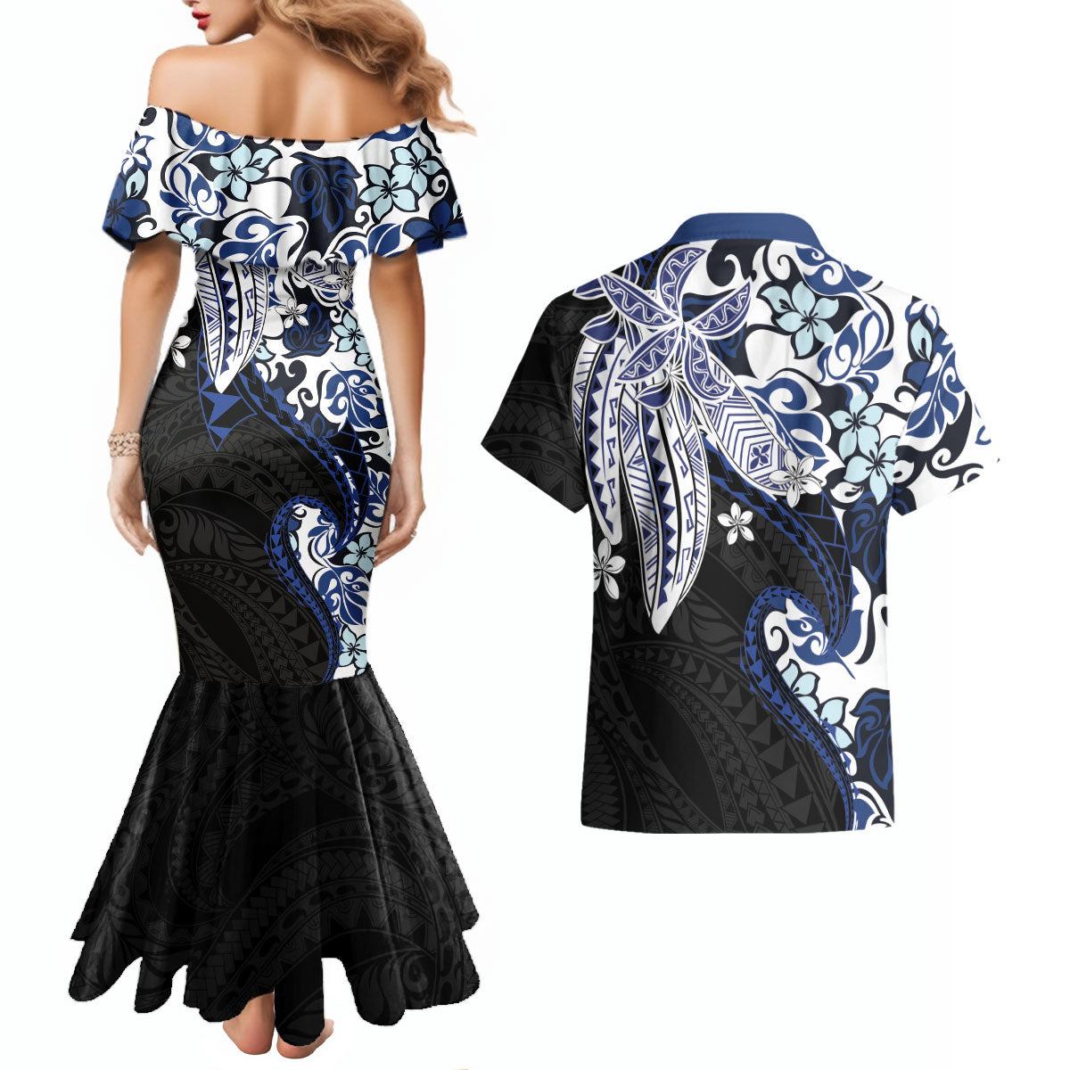 Monstera Plumeria Flowers Blue Couples Matching Mermaid Dress and Hawaiian Shirt Polynesian Pattern LT01 - Polynesian Pride