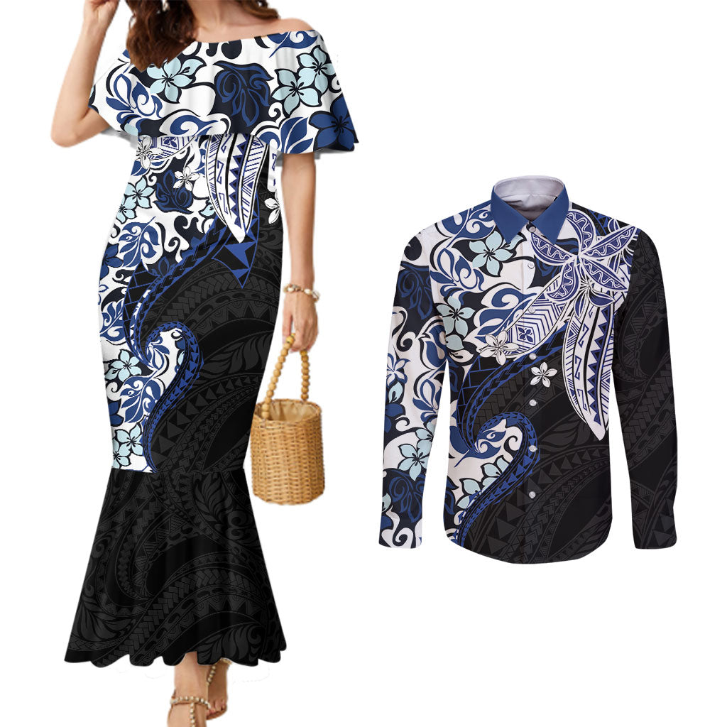 Monstera Plumeria Flowers Blue Couples Matching Mermaid Dress and Long Sleeve Button Shirt Polynesian Pattern LT01 Blue - Polynesian Pride