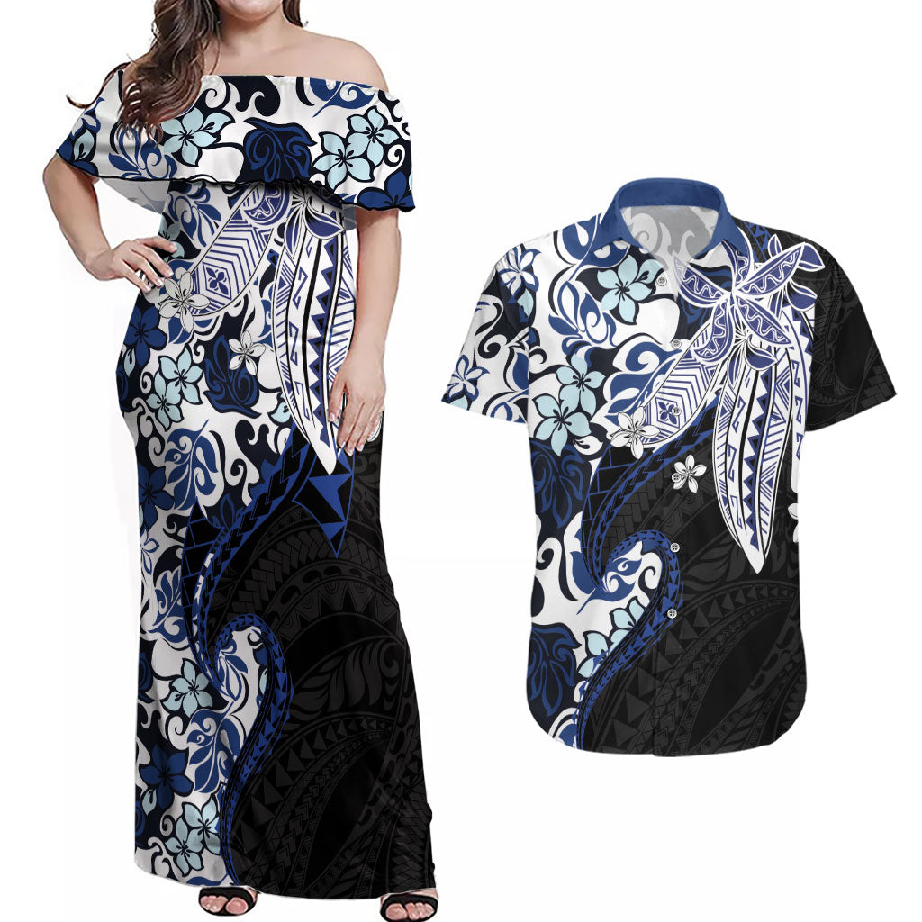 Monstera Plumeria Flowers Blue Couples Matching Off Shoulder Maxi Dress and Hawaiian Shirt Polynesian Pattern LT01 Blue - Polynesian Pride