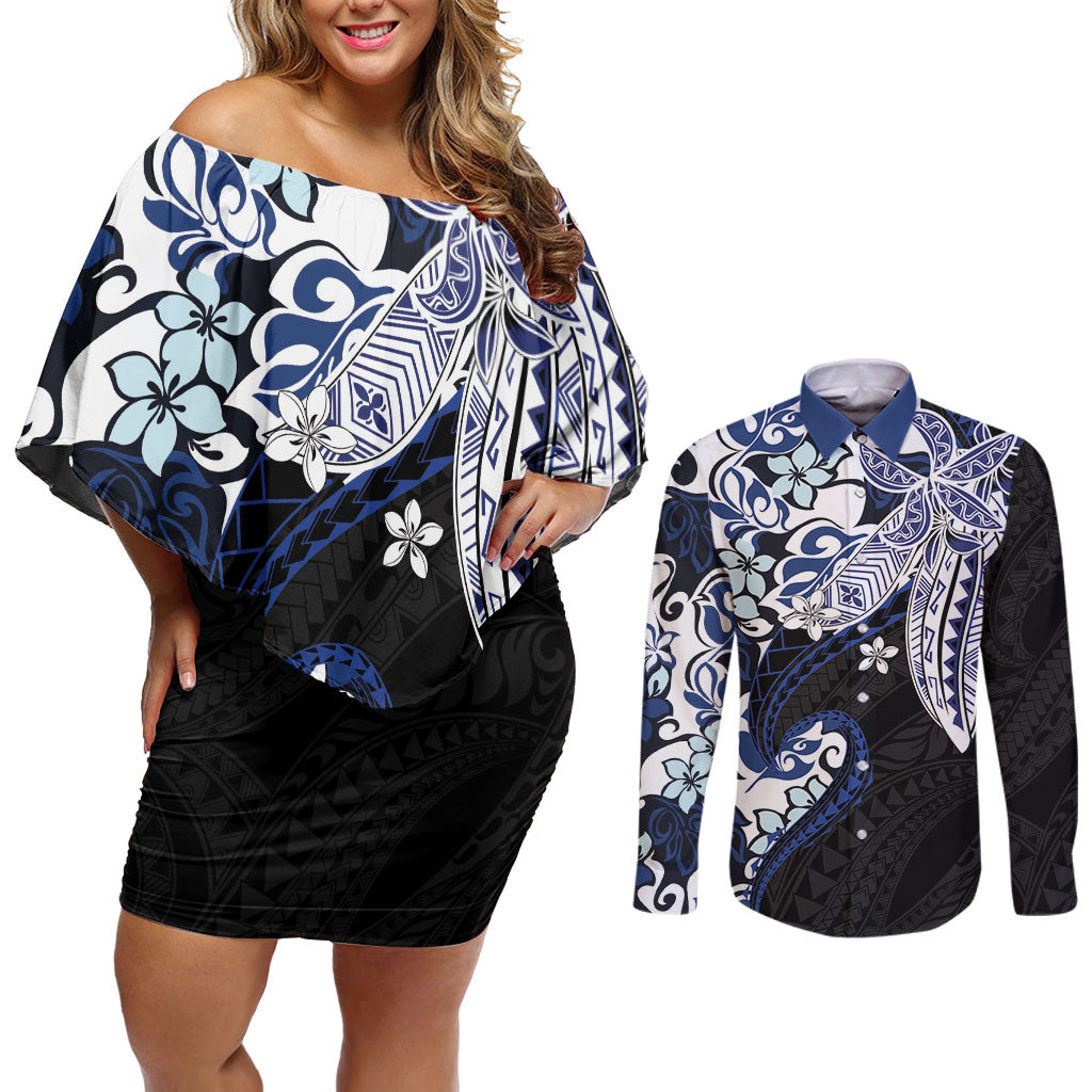 Monstera Plumeria Flowers Blue Couples Matching Off Shoulder Short Dress and Long Sleeve Button Shirt Polynesian Pattern LT01 Blue - Polynesian Pride
