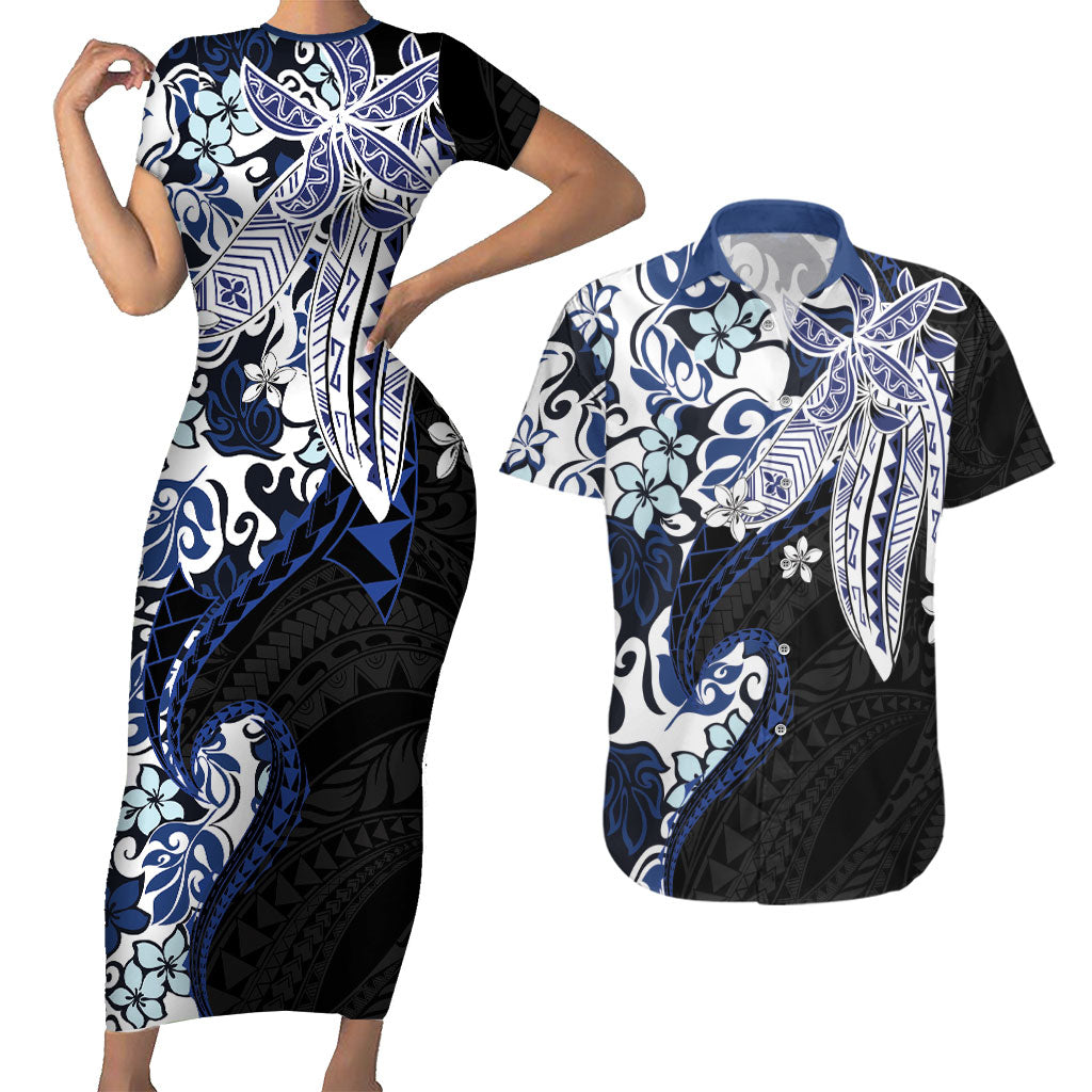 Monstera Plumeria Flowers Blue Couples Matching Short Sleeve Bodycon Dress and Hawaiian Shirt Polynesian Pattern LT01 Blue - Polynesian Pride