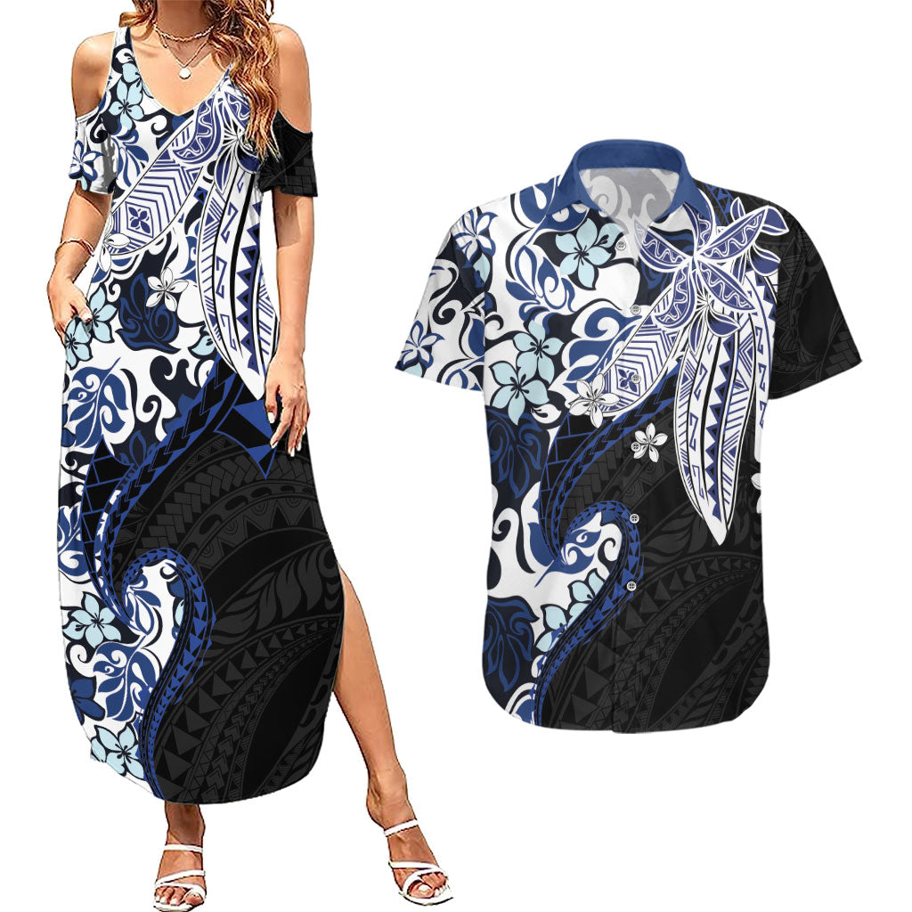 Monstera Plumeria Flowers Blue Couples Matching Summer Maxi Dress and Hawaiian Shirt Polynesian Pattern LT01 Blue - Polynesian Pride