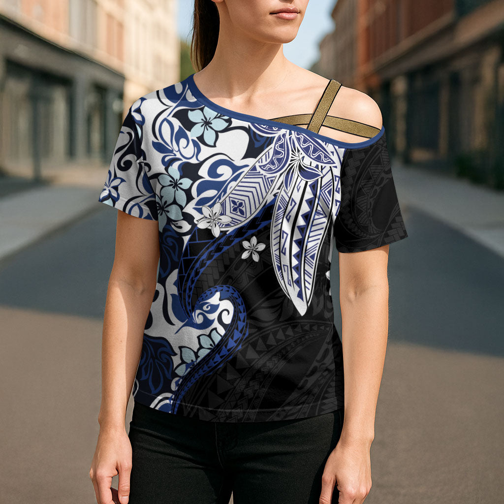 Monstera Plumeria Flowers Blue Cross Shoulder Shirt Polynesian Pattern