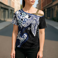 Monstera Plumeria Flowers Blue Cross Shoulder Shirt Polynesian Pattern