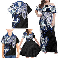 Monstera Plumeria Flowers Blue Family Matching Off Shoulder Maxi Dress and Hawaiian Shirt Polynesian Pattern