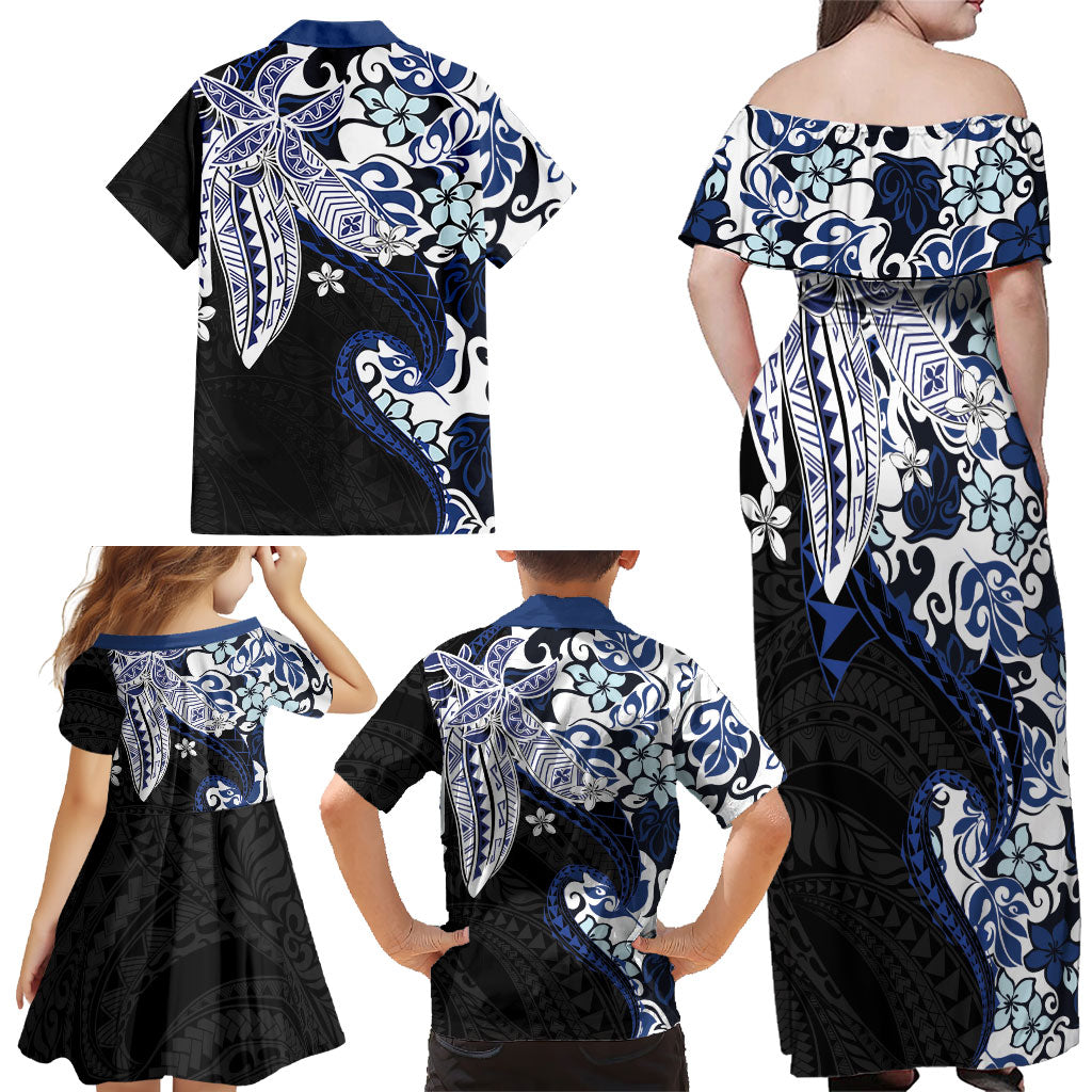 Monstera Plumeria Flowers Blue Family Matching Off Shoulder Maxi Dress and Hawaiian Shirt Polynesian Pattern