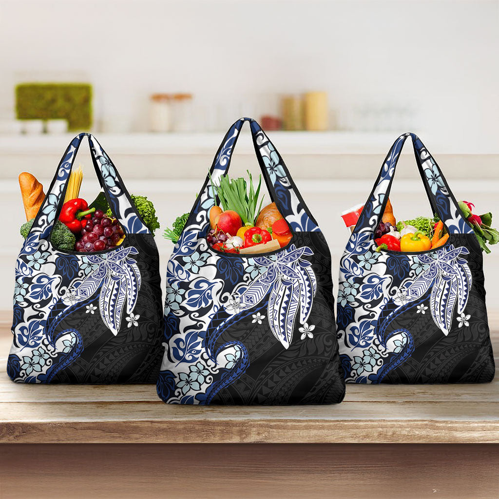 Monstera Plumeria Flowers Blue Grocery Bag Polynesian Pattern