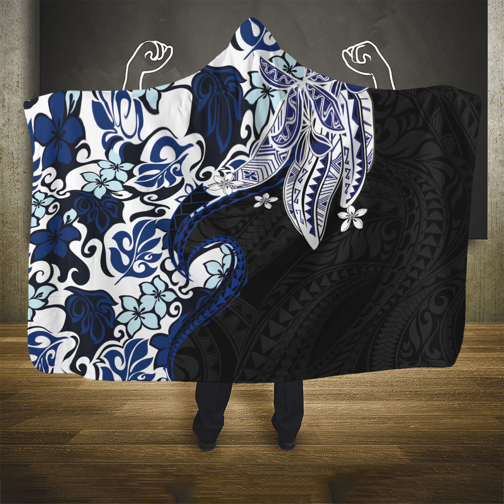 Monstera Plumeria Flowers Blue Hooded Blanket Polynesian Pattern