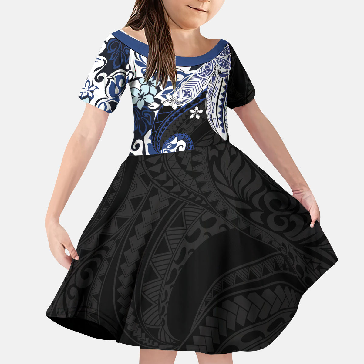 Monstera Plumeria Flowers Blue Kid Short Sleeve Dress Polynesian Pattern