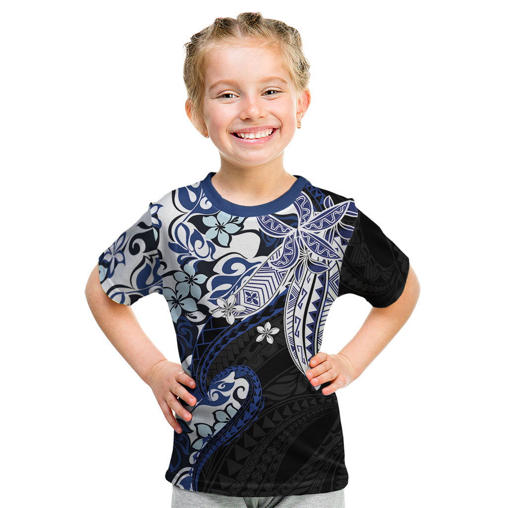 Monstera Plumeria Flowers Blue Kid T Shirt Polynesian Pattern