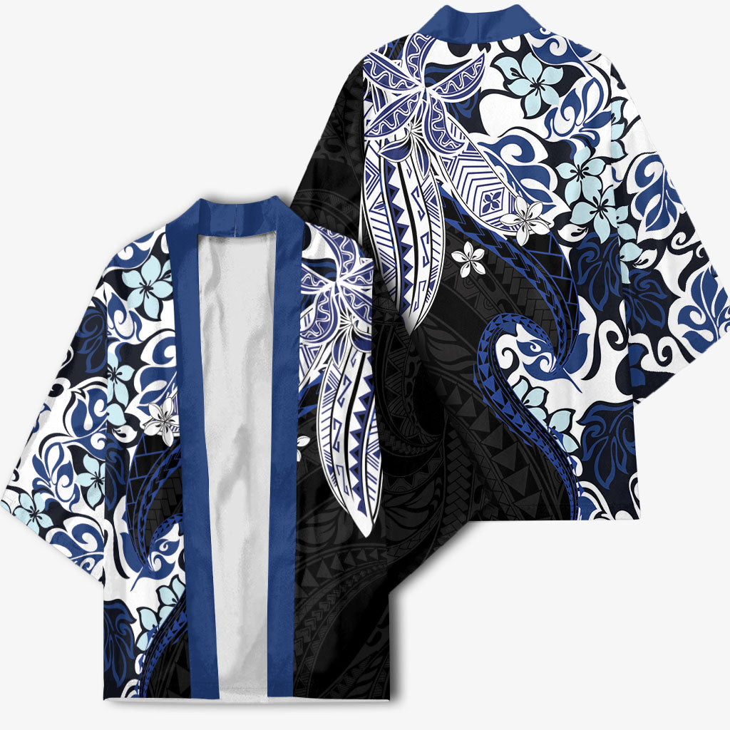 Monstera Plumeria Flowers Blue Kimono Polynesian Pattern