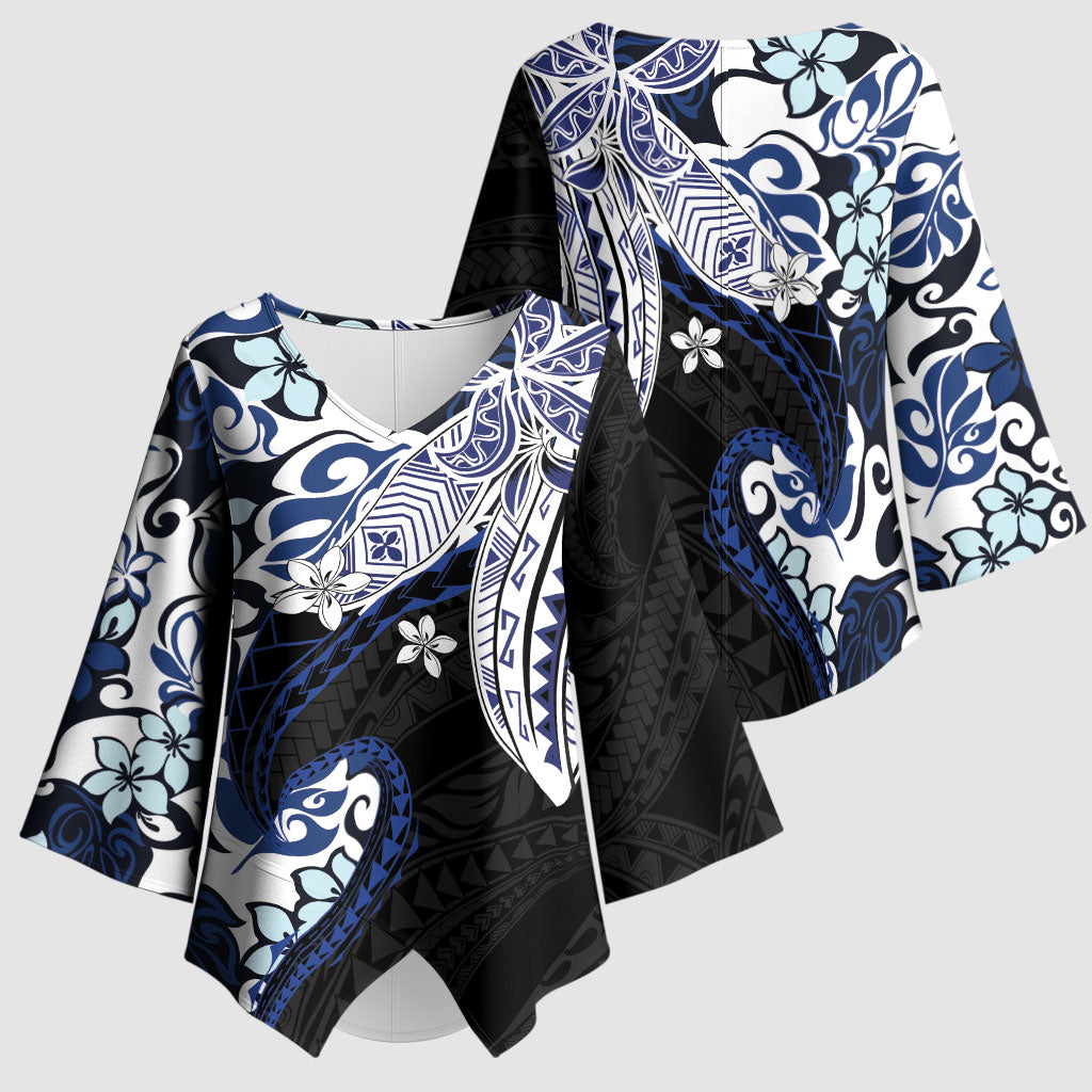 Monstera Plumeria Flowers Blue Kimono Sleeve Blouse Polynesian Pattern