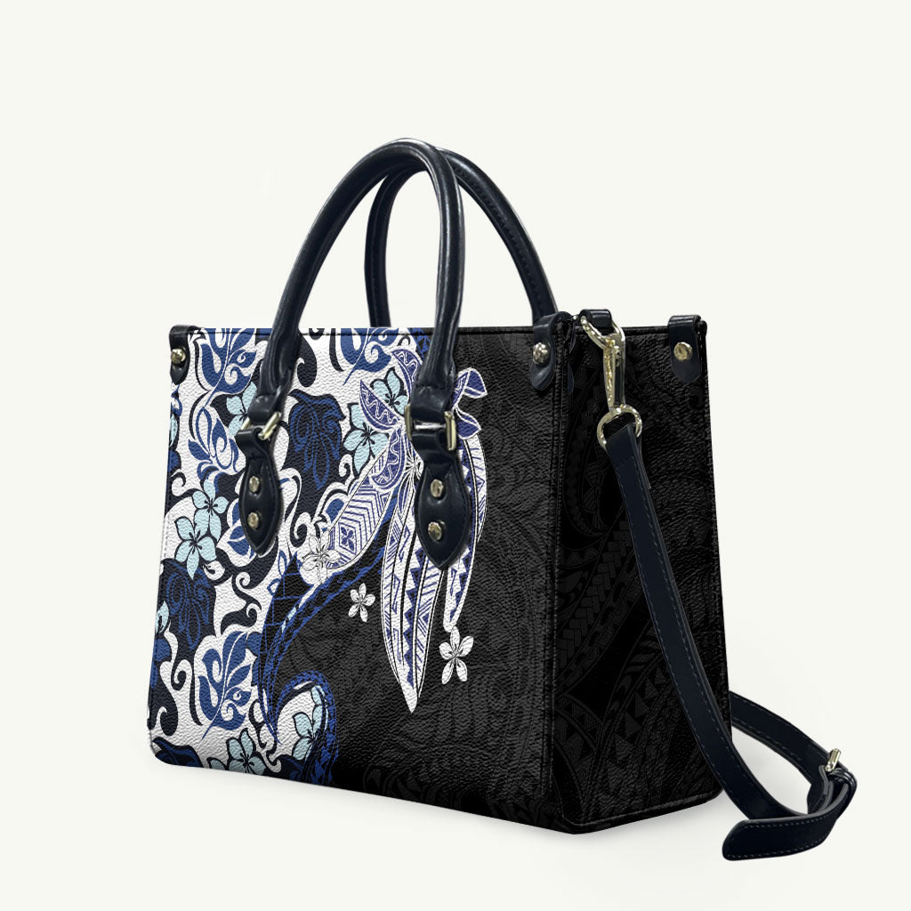 Monstera Plumeria Flowers Blue Leather Bag Polynesian Pattern