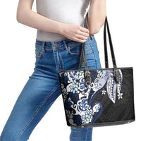 Monstera Plumeria Flowers Blue Leather Tote Bag Polynesian Pattern