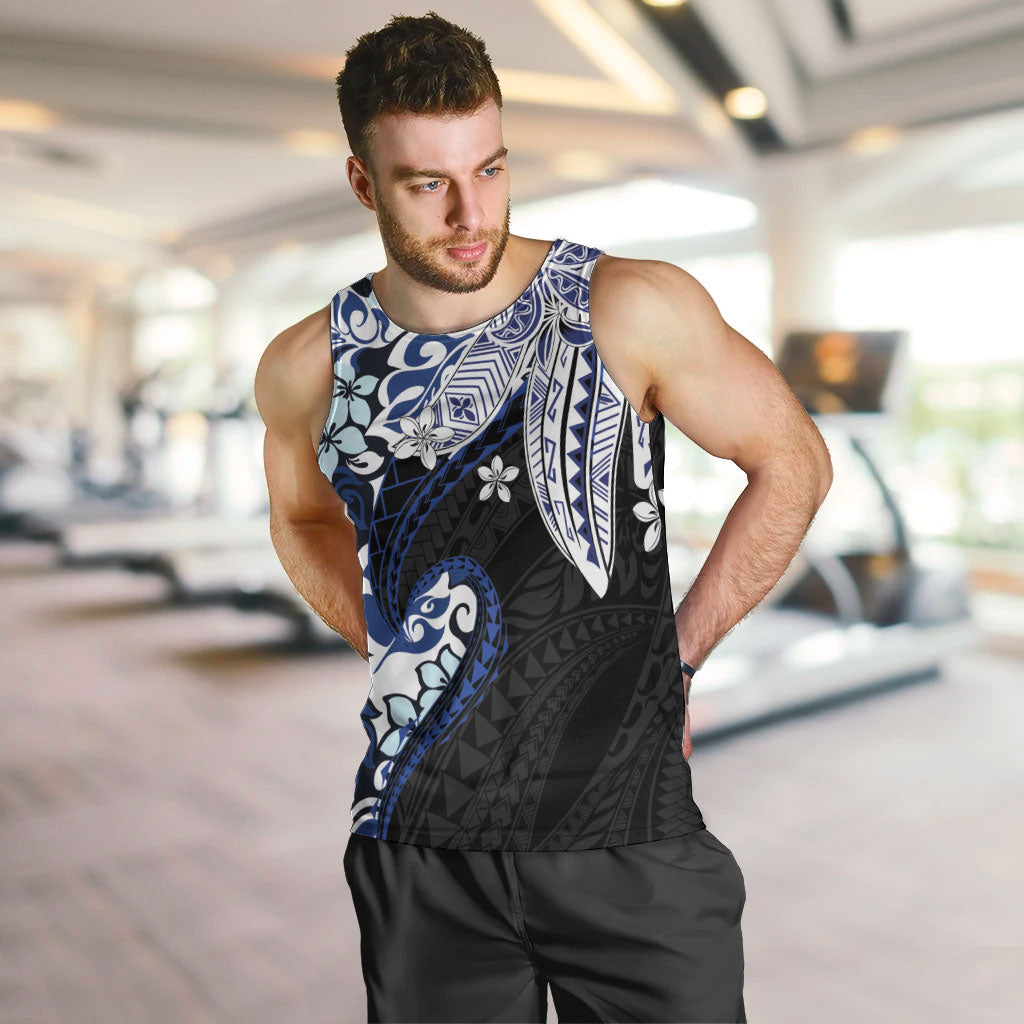 Monstera Plumeria Flowers Blue Men Tank Top Polynesian Pattern