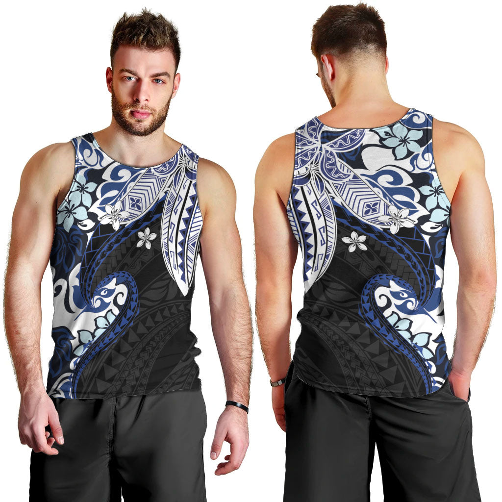 Monstera Plumeria Flowers Blue Men Tank Top Polynesian Pattern