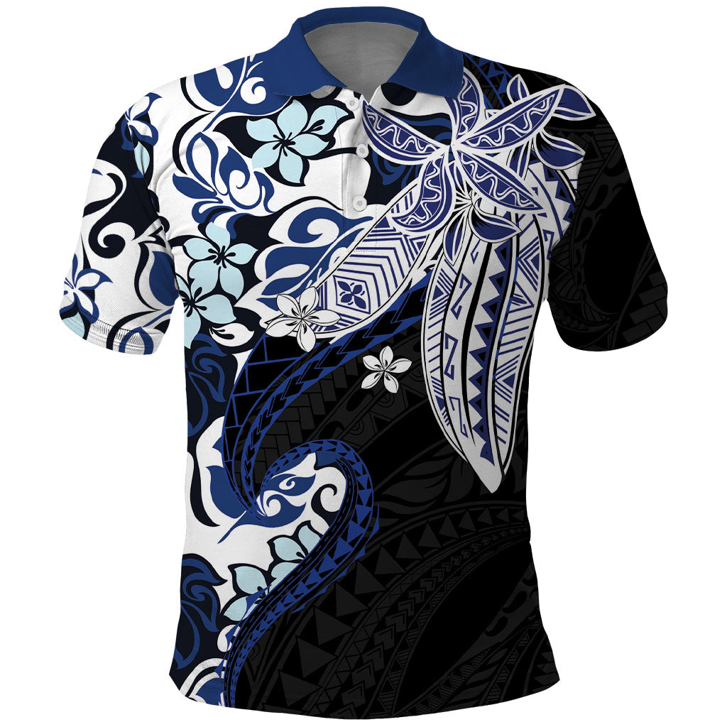 Monstera Plumeria Flowers Blue Polo Shirt Polynesian Pattern