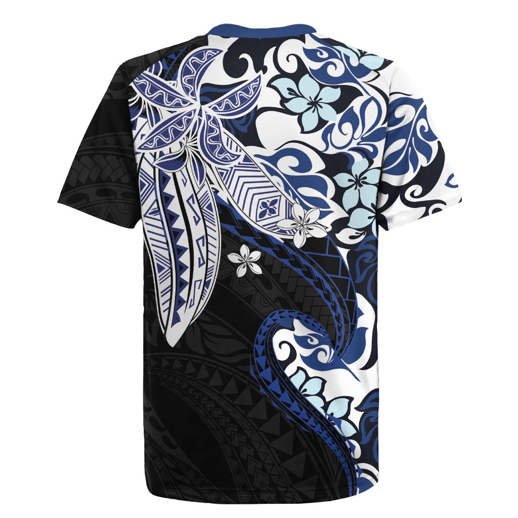 Monstera Plumeria Flowers Blue Rugby Jersey Polynesian Pattern