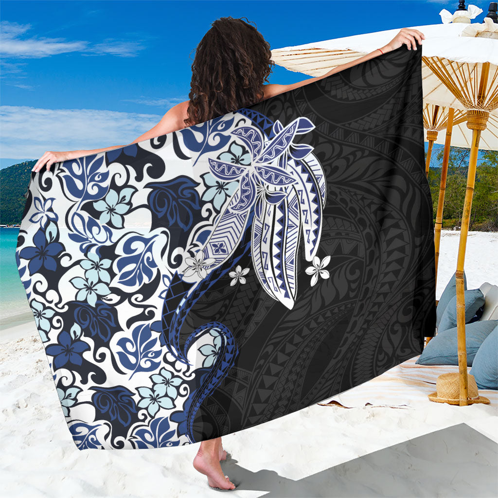 Monstera Plumeria Flowers Blue Sarong Polynesian Pattern