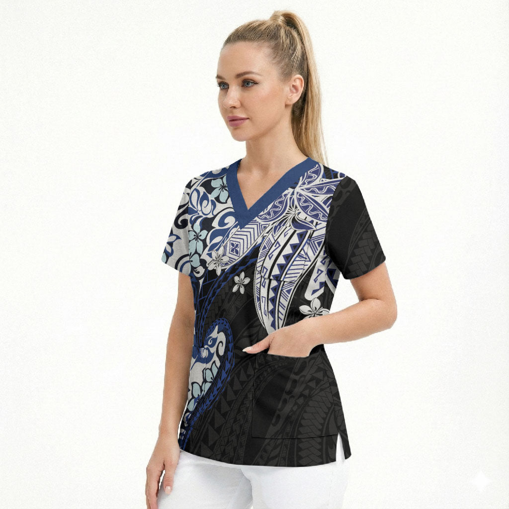 Monstera Plumeria Flowers Blue Scrub Top Polynesian Pattern LT01 - Polynesian Pride