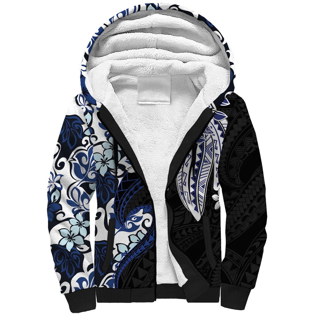Monstera Plumeria Flowers Blue Sherpa Hoodie Polynesian Pattern LT01 Unisex Blue - Polynesian Pride