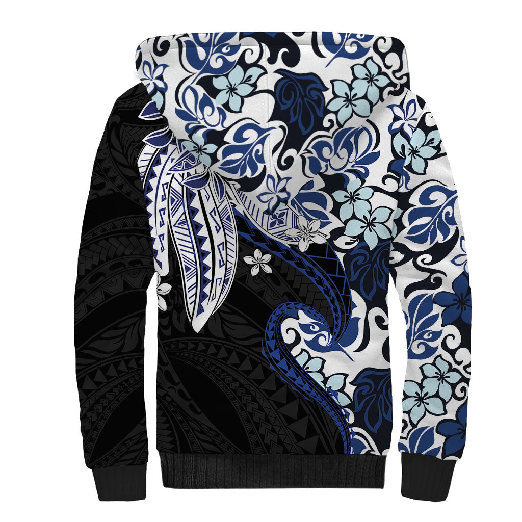 Monstera Plumeria Flowers Blue Sherpa Hoodie Polynesian Pattern LT01 - Polynesian Pride