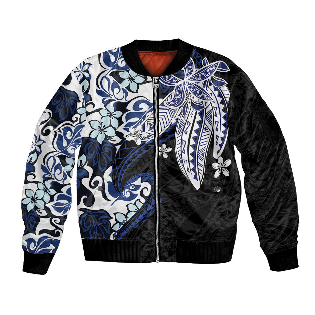 Monstera Plumeria Flowers Blue Sleeve Zip Bomber Jacket Polynesian Pattern LT01 Unisex Blue - Polynesian Pride
