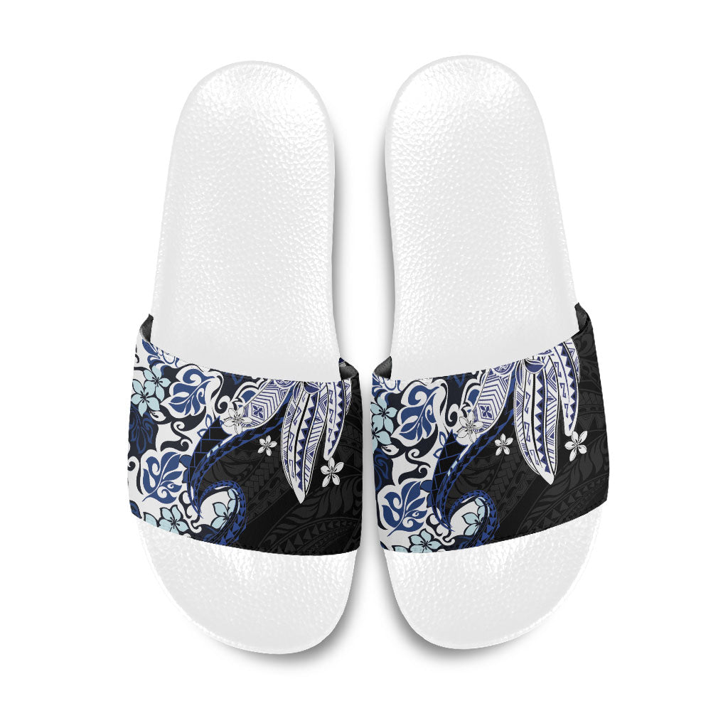 Monstera Plumeria Flowers Blue Slide Sandals Polynesian Pattern