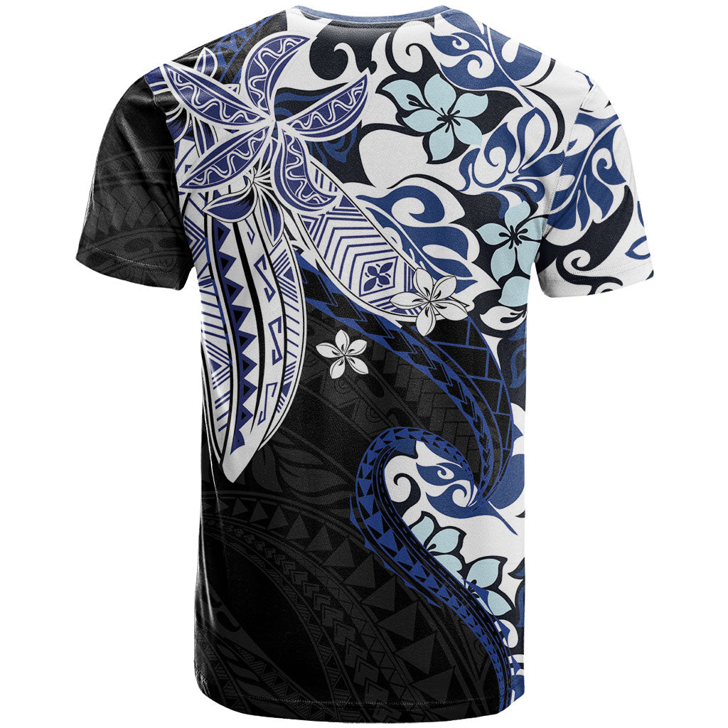 Monstera Plumeria Flowers Blue T Shirt Polynesian Pattern