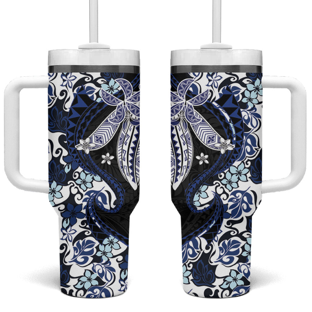 Monstera Plumeria Flowers Blue Tumbler With Handle Polynesian Pattern LT01 One Size: 40 oz Blue - Polynesian Pride