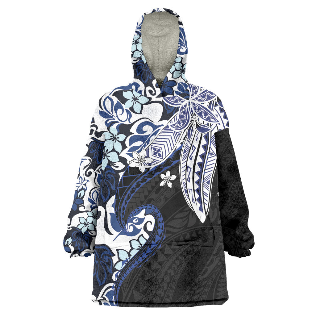 Monstera Plumeria Flowers Blue Wearable Blanket Hoodie Polynesian Pattern