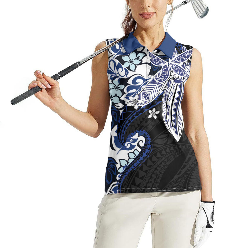 Monstera Plumeria Flowers Blue Women Sleeveless Polo Shirt Polynesian Pattern LT01 - Polynesian Pride
