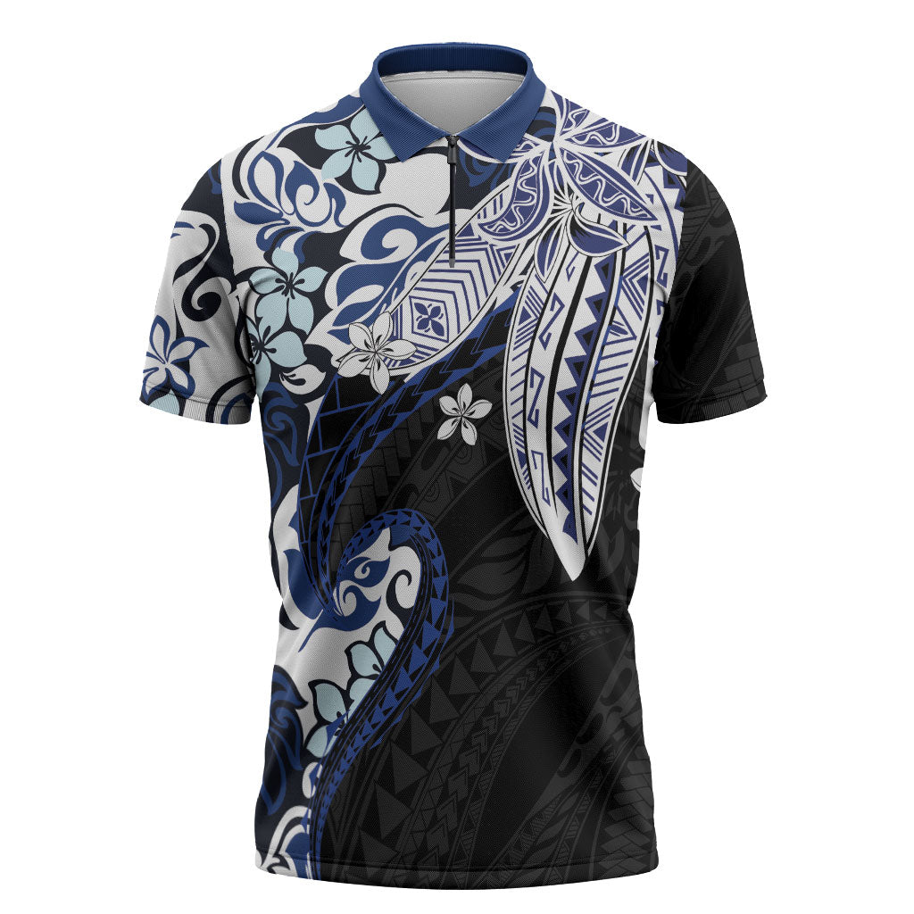 Monstera Plumeria Flowers Blue Zipper Polo Shirt Polynesian Pattern LT01 Blue - Polynesian Pride