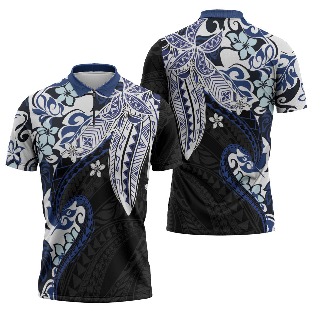 Monstera Plumeria Flowers Blue Zipper Polo Shirt Polynesian Pattern LT01 - Polynesian Pride