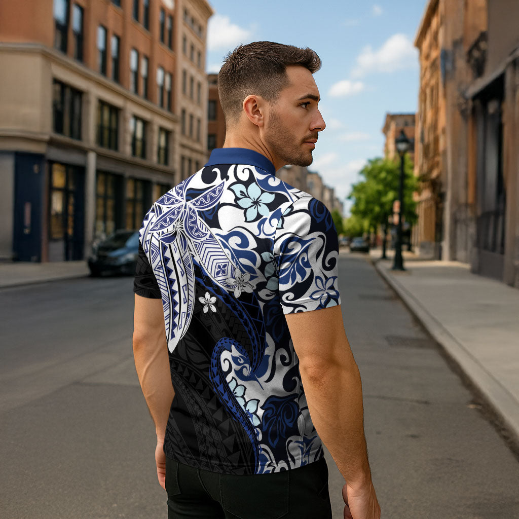 Monstera Plumeria Flowers Blue Zipper Polo Shirt Polynesian Pattern LT01 - Polynesian Pride
