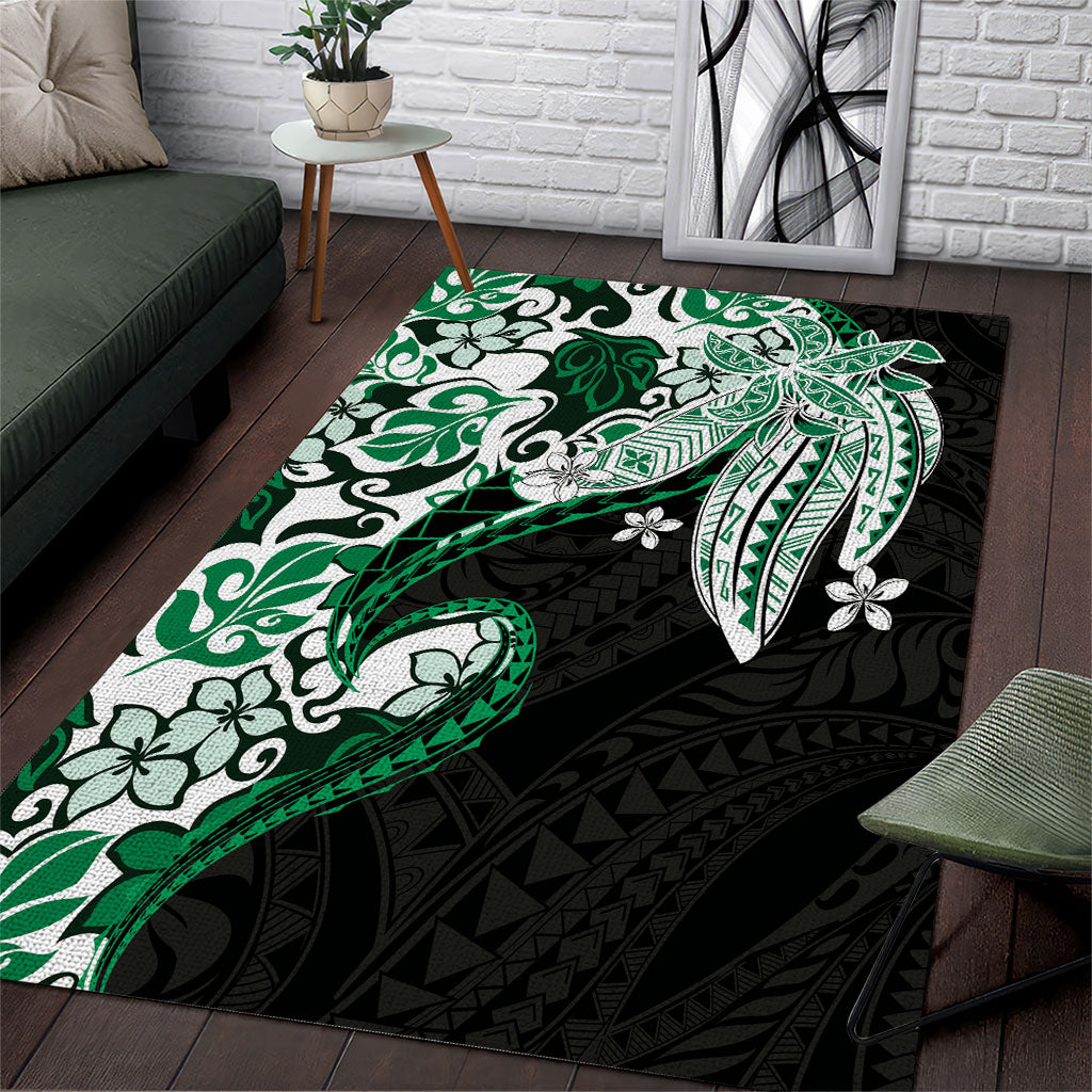 Monstera Plumeria Flowers Green Area Rug Polynesian Pattern